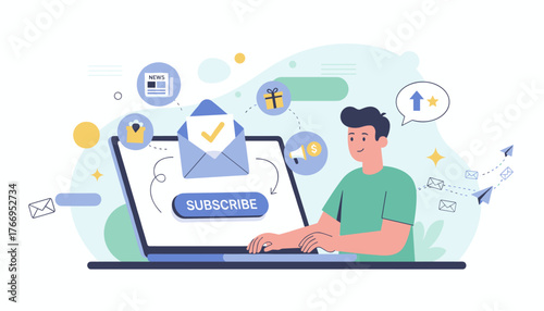 Modern flat illustration of a young man subscribing to a newsletter via laptop, with icons representing news, gifts, and promotions, symbolizing digital marketing and online communication strategies