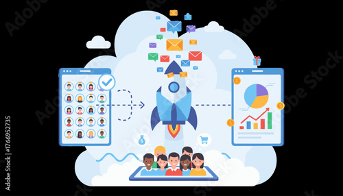 Vibrant illustration depicting a successful email marketing campaign concept, featuring a rocket launching with envelopes, a digital interface showing customer profiles, and a dashboard with