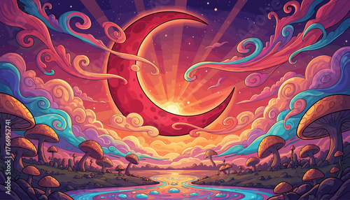 Enchanting Crimson Moon Illuminating a Mesmerizing Psychedelic Landscape with Giant Mushrooms and Swirling Clouds, Vibrant Colors, Dreamlike Atmosphere, Surreal Fantasy Scene, Cosmic Sky with Stars
