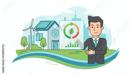Vivid illustration of a businessman presenting an energy-efficient house concept, featuring solar panels, wind turbines, and a circular green energy flow diagram with a leaf, symbolizing
