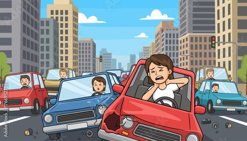 Cartoon illustration of a car accident in a busy city street with multiple damaged vehicles and distressed drivers, one woman in a red car is holding her neck in pain, traffic lights and tall