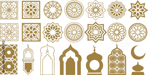 Elegant set of Islamic vector icons, geometric patterns, Arabic frames, and architectural elements for Ramadan, Eid, and cultural design projects