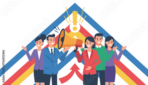 Diverse group of business professionals enthusiastically announcing important news with a megaphone and an exclamation mark, symbolizing attention, warning, and effective communication in a vibrant