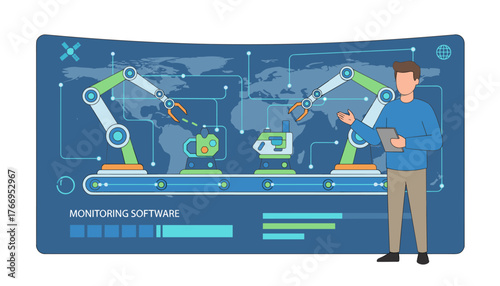 Manager or engineer checking and controlling automated robotic arms on a production line with a world map background, representing global industry and monitoring software for advanced manufacturing