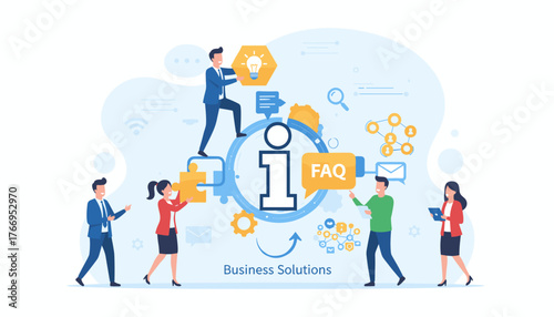 Diverse team of professionals collaborating around a central information hub, symbolizing business solutions, communication, and problem-solving with puzzle pieces, lightbulbs, and FAQ icons
