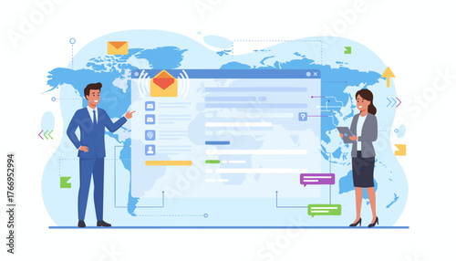 Modern business professionals, a man and a woman, interact with a digital interface displaying email notifications and global communication networks, symbolizing international business and digital