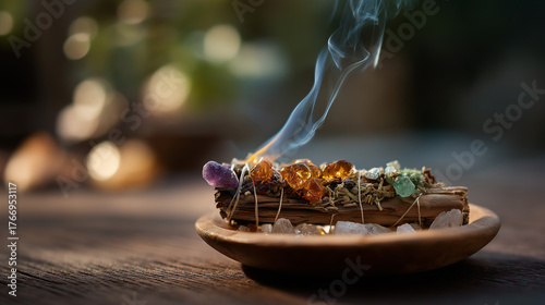 Smudge stick burning with crystals and herbs no people visible cleansing ritual purification ceremony spiritual practice smoke ritual sacred herbs energy clearing altar set