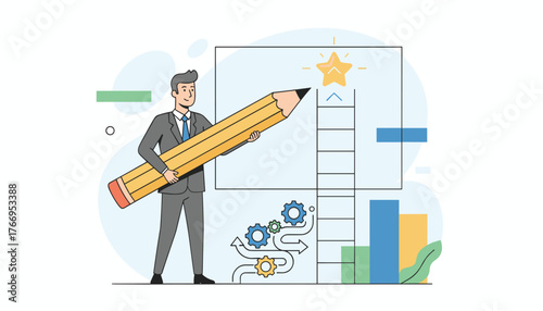 Successful business development strategy: A determined businessman holding a giant pencil, aiming to draw a path to success represented by a star on a ladder, symbolizing goal achievement and
