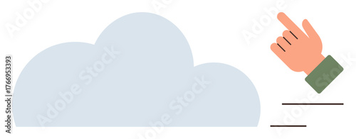 Hand performing a swipe motion near a cloud, representing online interaction, cloud storage, access, data security, file sharing, digital innovation, and remote operations. Simple flat metaphor