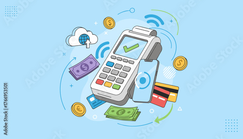 Vivid illustration of financial transactions and non-cash payments, showcasing a credit card reader, smartphone with contactless payment, banknotes, coins, and a cloud icon symbolizing digital