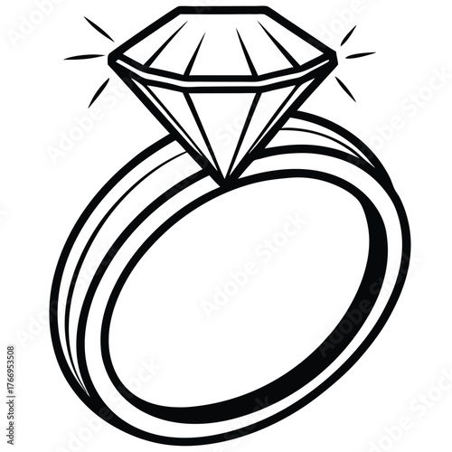 Bold outline showcases a diamond ring, shining brightly against the stark white background