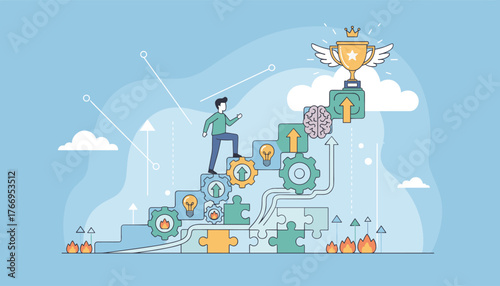 Vivid vector illustration depicting a man climbing a staircase made of gears, puzzle pieces, and lightbulbs, symbolizing progress, success, and the pursuit of goals, culminating in a trophy and brain