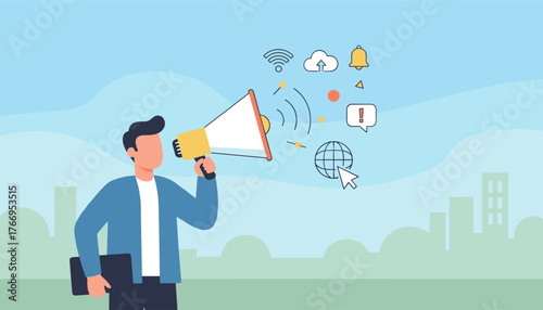 Flat style vector illustration of a businessman holding a megaphone, announcing important business news and promotions, with digital icons like wifi, cloud upload, bell, exclamation mark, and globe