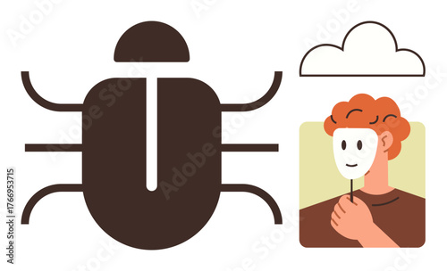 Bug icon beside red-haired man holding a smiling mask under a cloud. Ideal for cybersecurity, hacking, vulnerabilities, identity, privacy, deception, and tech risks. Simple flat metaphor