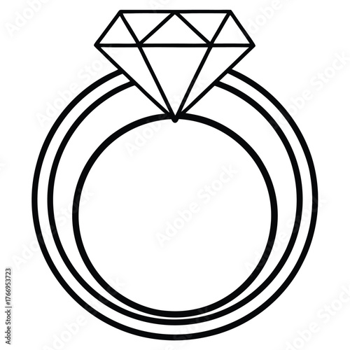 An elegant ring with a prominent diamond is outlined in solid black lines