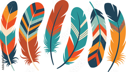 Set of colorful vector feathers in tribal and boho style, perfect for decorative art, craft design, fashion prints, and nature-themed projects