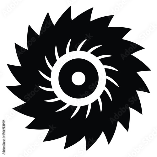 Sharp black cogwheel symbol with circular center and outer toothy edge gives powerful impression