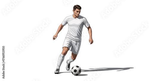 Dynamic young soccer player skillfully dribbles ball during intense match action, capturing athletic prowess and competitive spirit