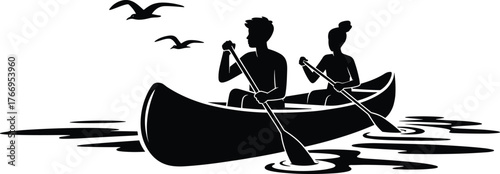 Silhouette of couple paddling canoe on calm water with flying birds, romantic outdoor adventure, vector illustration for nature, travel, recreation design