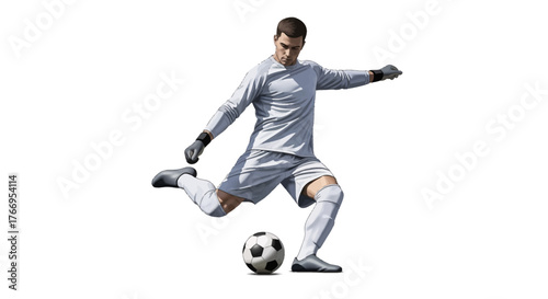 Determined male goalkeeper kicking soccer ball with powerful motion, capturing athletic action and sports dynamism