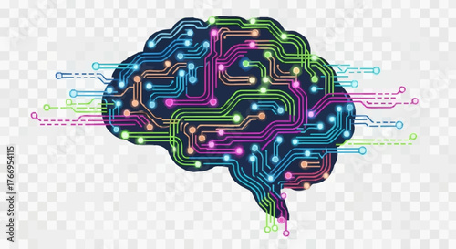 Simple vector illustration of  stylized brain  with circuit board design in vibrant colors on transparent background . silhouette