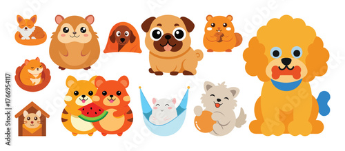 A modern and huge vector collection of cute hamsters pet and dog, Colorful accessories of cute and cartoon animals