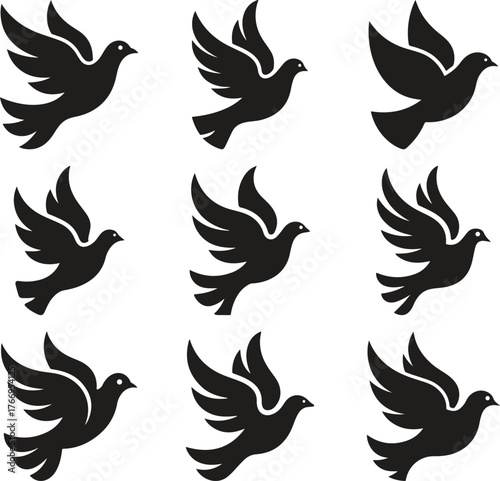 Silhouettes of nine flying doves in a grid pattern