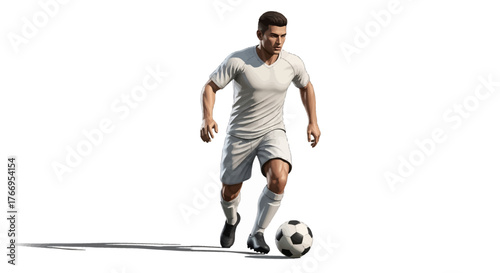Dynamic soccer player in white uniform skillfully dribbling ball, capturing athletic action and competitive spirit for sports marketing