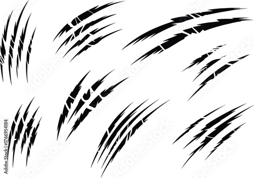 Vector illustration of black claw scratch marks, animal scratches design, fierce tiger or bear claw slashes, aggressive scratch textures on white background