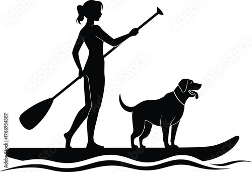 Woman and dog on a paddleboard, black and white vector silhouette illustration for pet-friendly water sports, outdoor activities, and summer recreation concepts.
