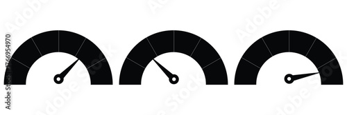 Credit Score chart icon set. Dashboard speedometer icons set. Tachometer icon isolated. Performance indicator sign. Car speed. Fast internet speed sign. Stock flat vector minimalist and modern concept