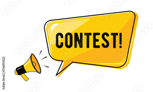 Bright yellow speech bubble with “Contest!” announcement and megaphone illustration on transparent background, flat vector design