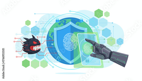 Futuristic cyber security concept with a robotic hand using fingerprint biometrics for global data protection against a digital virus threat, illustrating advanced technology and network defense