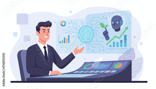 Businessman analyzing market and business growth data with artificial intelligence and robotics, showcasing a futuristic interface with charts, graphs, and a digital brain, representing technological