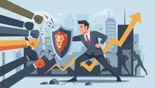 Dynamic illustration of a determined businessman defending against multiple attacking fists with a lion shield, symbolizing resilience and strength in a competitive business environment, with a