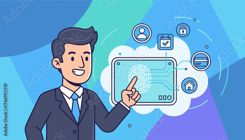Smiling businessman in a suit points to a digital screen displaying a fingerprint scanner, symbolizing secure access to personal data, online banking, and digital identity verification with icons for