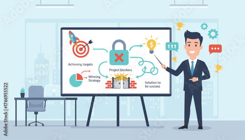 Business strategy planning presentation with a man in a suit explaining achieving targets, winning strategy, project blockers, and solution to success with icons of rocket, dartboard, pie chart