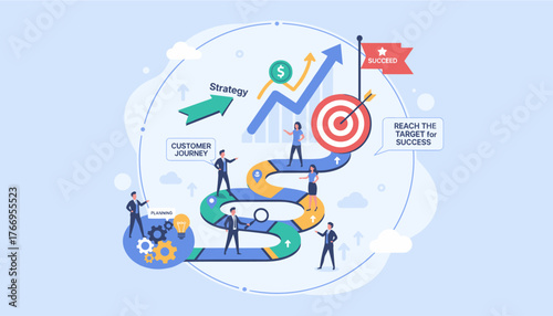 Business success concept illustration: A winding path representing the customer journey, leading to a target with an arrow, symbolizing strategy and planning, with people collaborating to reach the