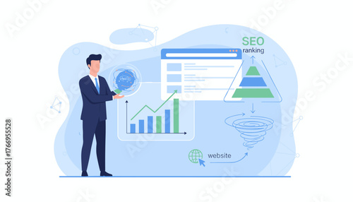 Illustrative vector graphic of a businessman in a suit holding a glowing virtual sphere representing SEO analysis, with a website icon, bar charts, and a pyramid diagram indicating search engine