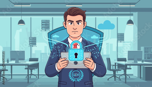 Businessman in a suit holding a tablet with a glowing padlock and network connections, symbolizing data security and privacy protection, set against an office background with servers and clouds
