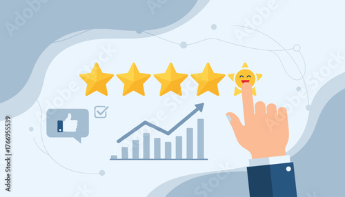 Close-up of a businessman's hand selecting a five-star rating with a happy smiley face icon, symbolizing excellent customer feedback and positive reviews, alongside a growth chart and a thumbs-up