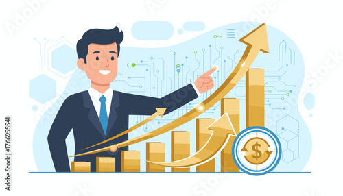 A smiling businessman in a dark suit and blue tie points enthusiastically towards a golden upward trending graph, symbolizing financial growth and success, set against a futuristic digital circuit