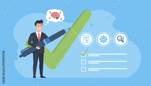 Businessman with a giant pen marking a huge checkmark on a to-do list, symbolizing successful task completion, decision making, and achievement in business or project management, with icons for
