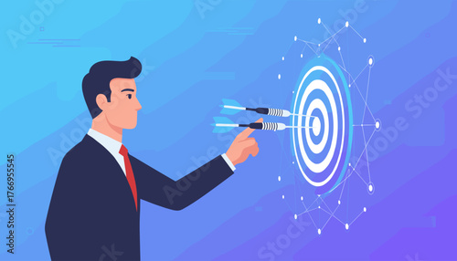 A focused businessman in a suit and tie is about to touch darts that have successfully hit the bullseye of a target, symbolizing achievement, success, and goal attainment in business and strategy