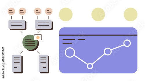 Flowchart of connected nodes and text boxes leading to a statistical dashboard with line graph analysis. Ideal for data analysis, workflow, process management, project planning, statistics