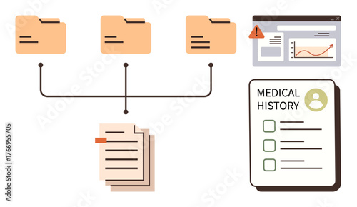Connected folders link to documents, an alert screen with graphs, and a medical history form. Ideal for healthcare, medical data, patient management, organization, recordkeeping, information flow