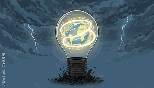 Conceptual illustration of planet Earth inside a glowing light bulb, symbolizing global ideas, innovation, and environmental consciousness, set against a dramatic backdrop of a stormy sky with rain