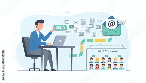 Modern flat illustration of a businessman sending an email campaign or newsletter to a list of customers, symbolizing digital marketing strategy and communication, with icons of envelopes, documents