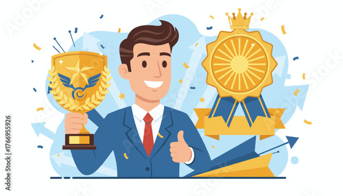 Successful businessman celebrating victory with a golden trophy and a large medal, giving a thumbs up, surrounded by confetti and upward trending arrows, symbolizing achievement and high performance