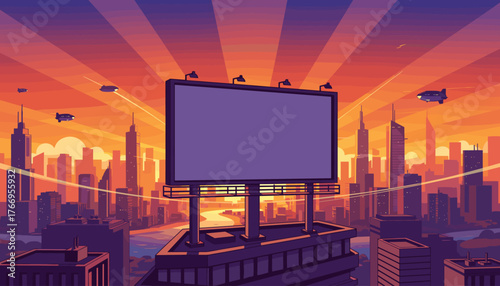 Vibrant futuristic cityscape at sunset with a large, empty billboard for advertisement space, illuminated by streetlights, and blimps flying in the sky, symbolizing future technology and urban